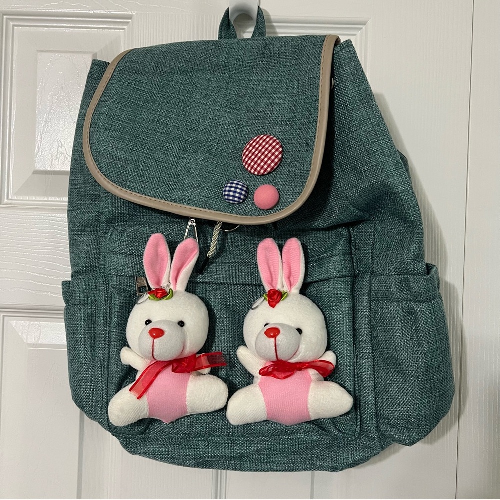 Nishat Linen Dames Sac Girls Kids Bunny Backpack - Green and Pink Canvas